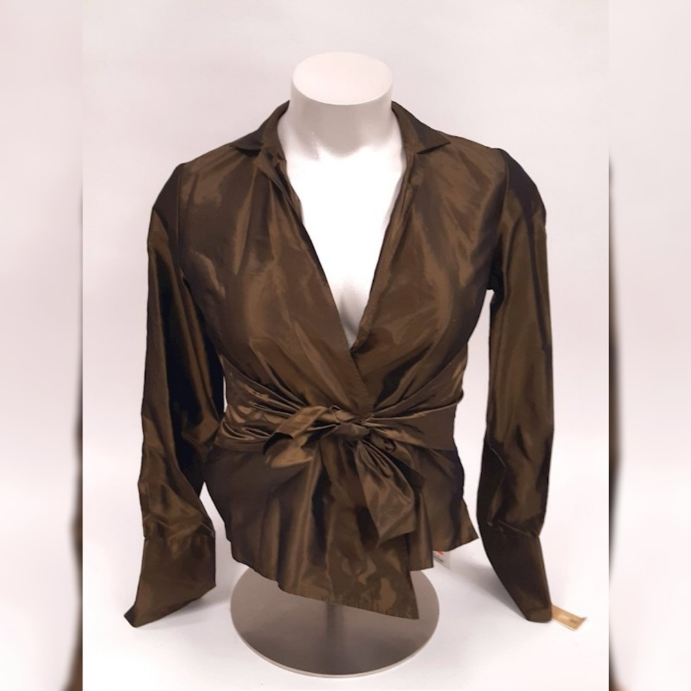 Per Se Olive Satin Wrap Blouse with Waist Tie